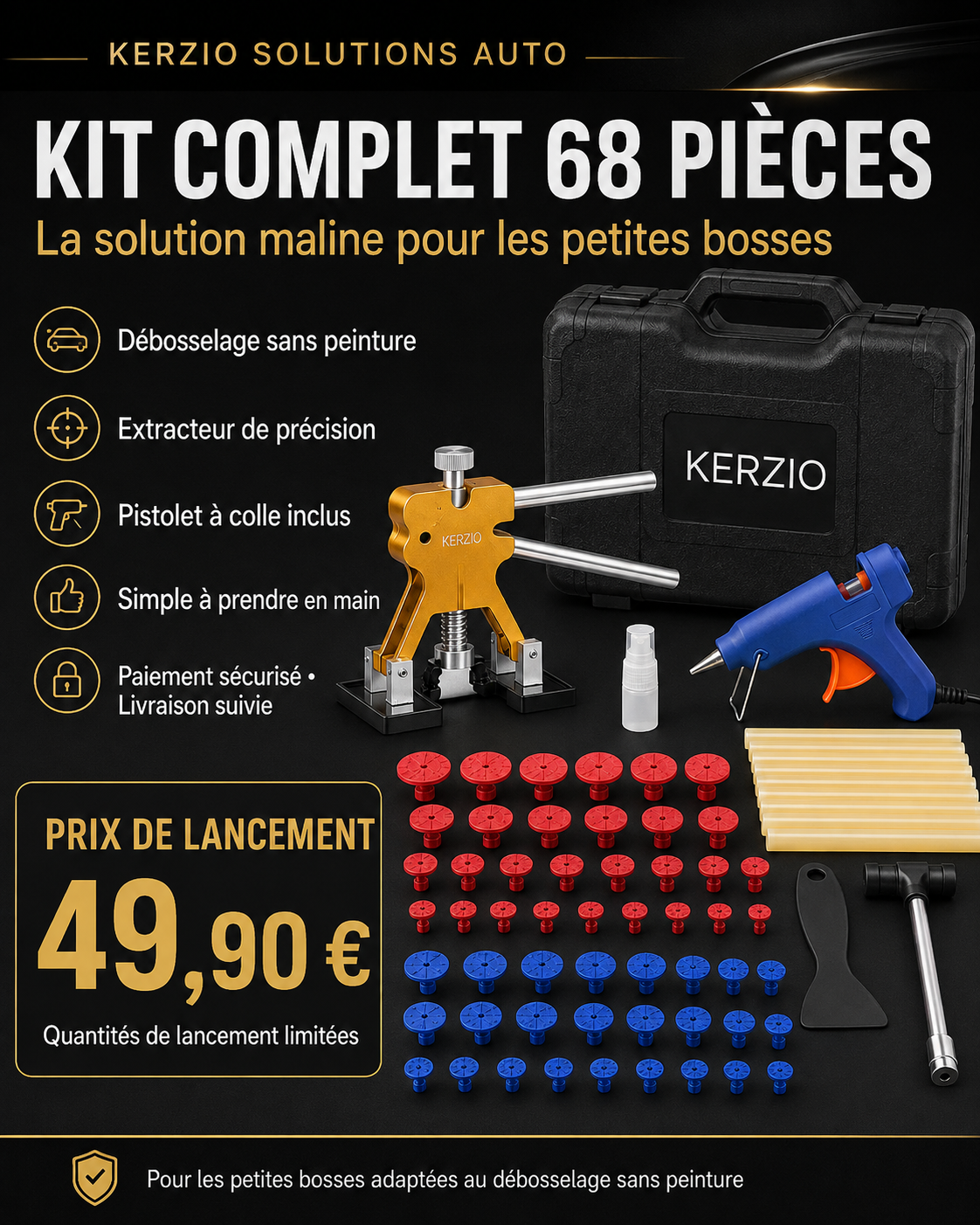 Kit de débosselage sans peinture – 68 pièces