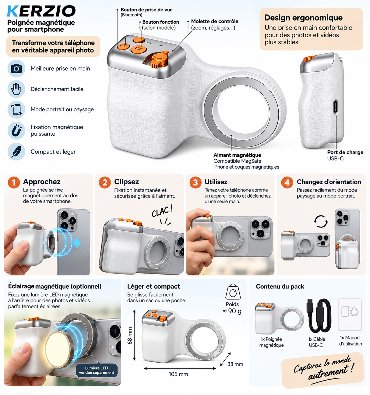 Grip Photo Magnétique pour Smartphone – Kerzio SnapGrip